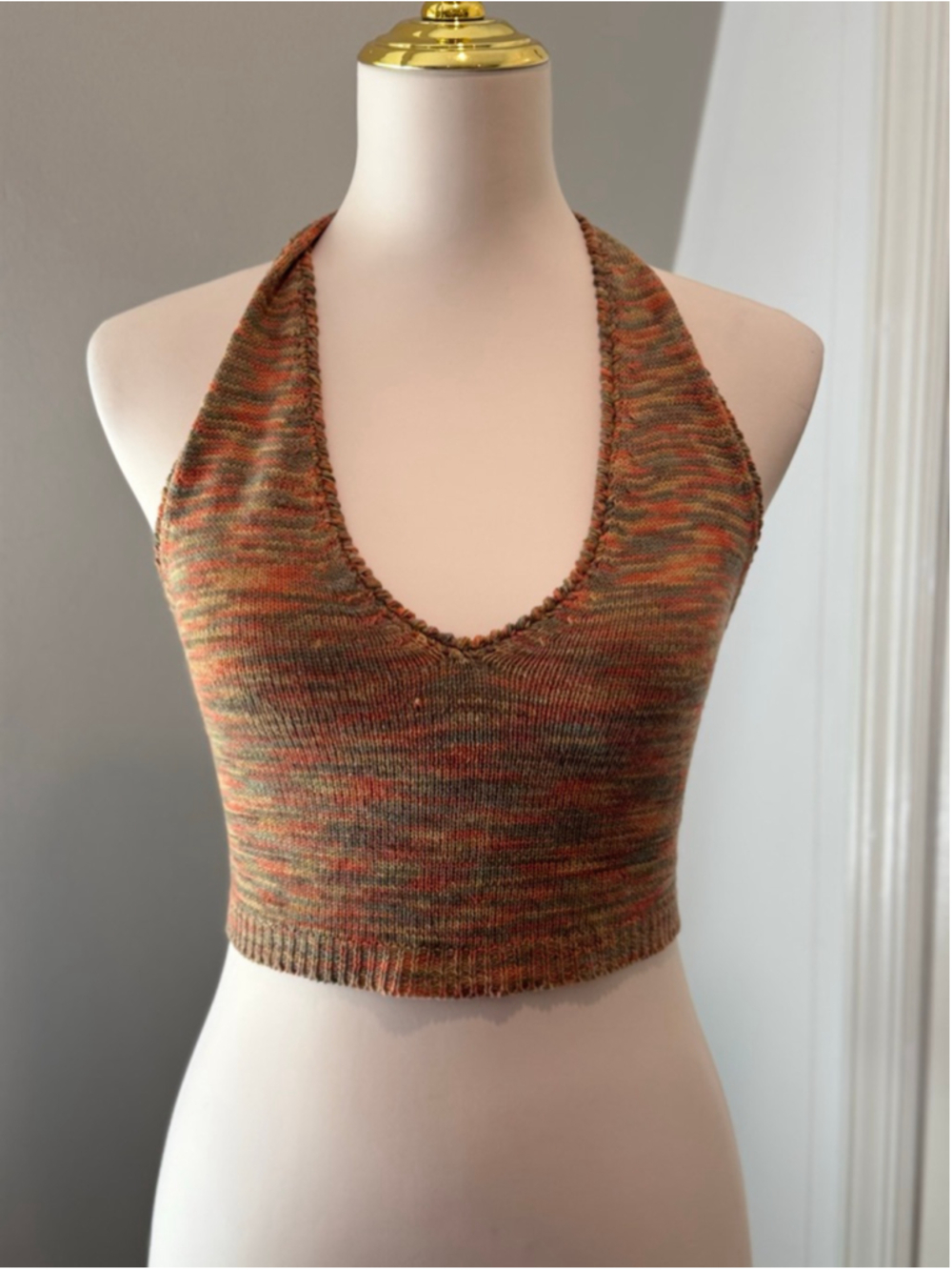 RUVE Knit Halter Top XS Brown Orange Space Dye Crop Tank Boho Festival Y2K